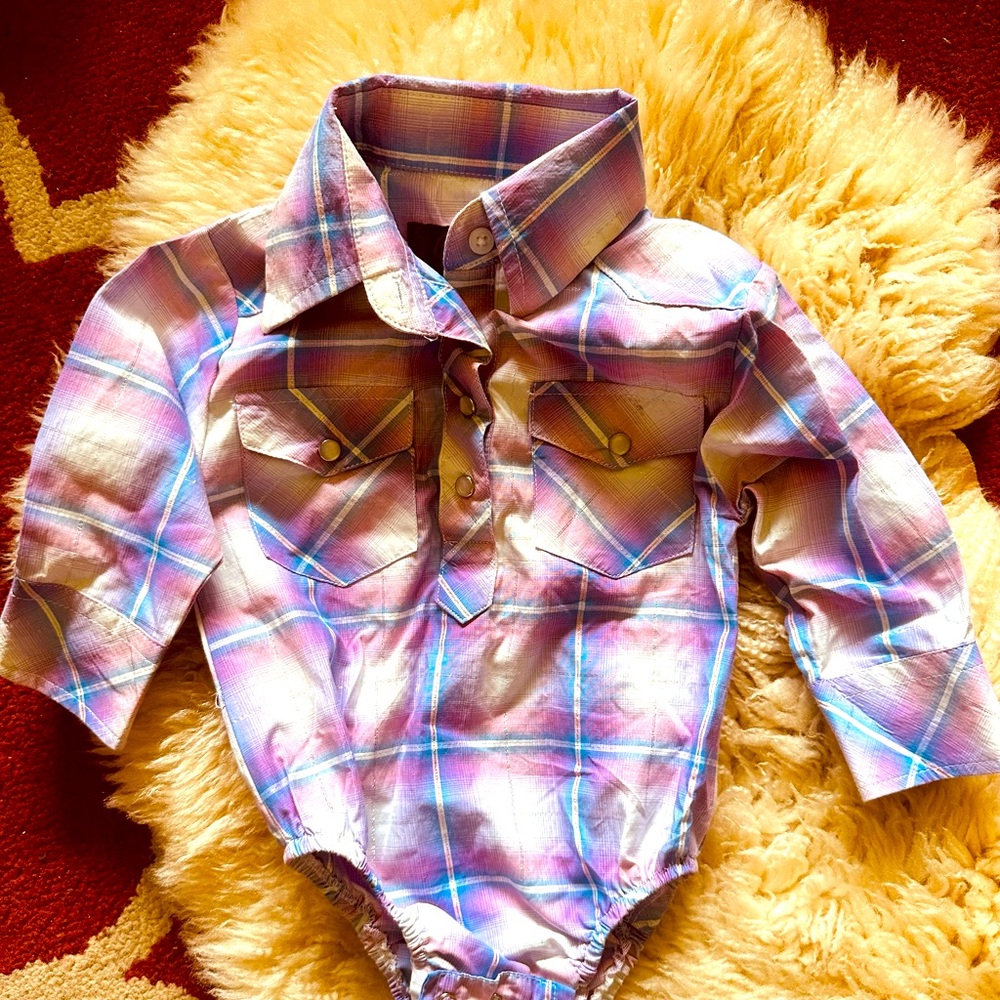 Cowgirl pearl snap onesie for baby girl, purple, western, rodeo, cowboy, farmer